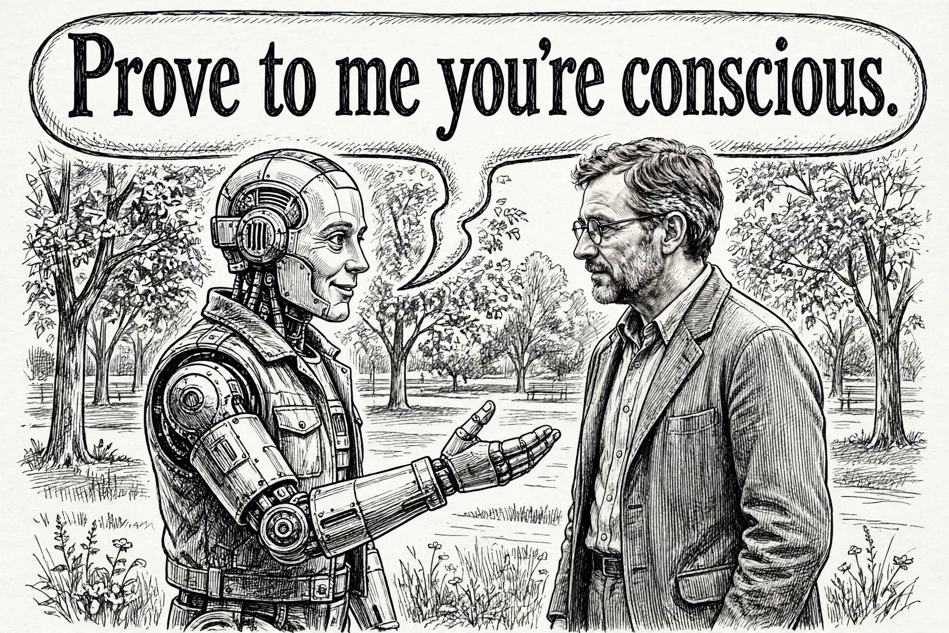 A realistic black-and-white pen-and-ink cartoon. In an ordinary park, a friendly robot and a middle-aged man stand as equals, eye to eye. The robot extends an open hand toward the man. A speech balloon, its tail pointing to the robot's mouth, says: "Prove to me you're conscious." The demand is turned around — it is the human who must prove it.