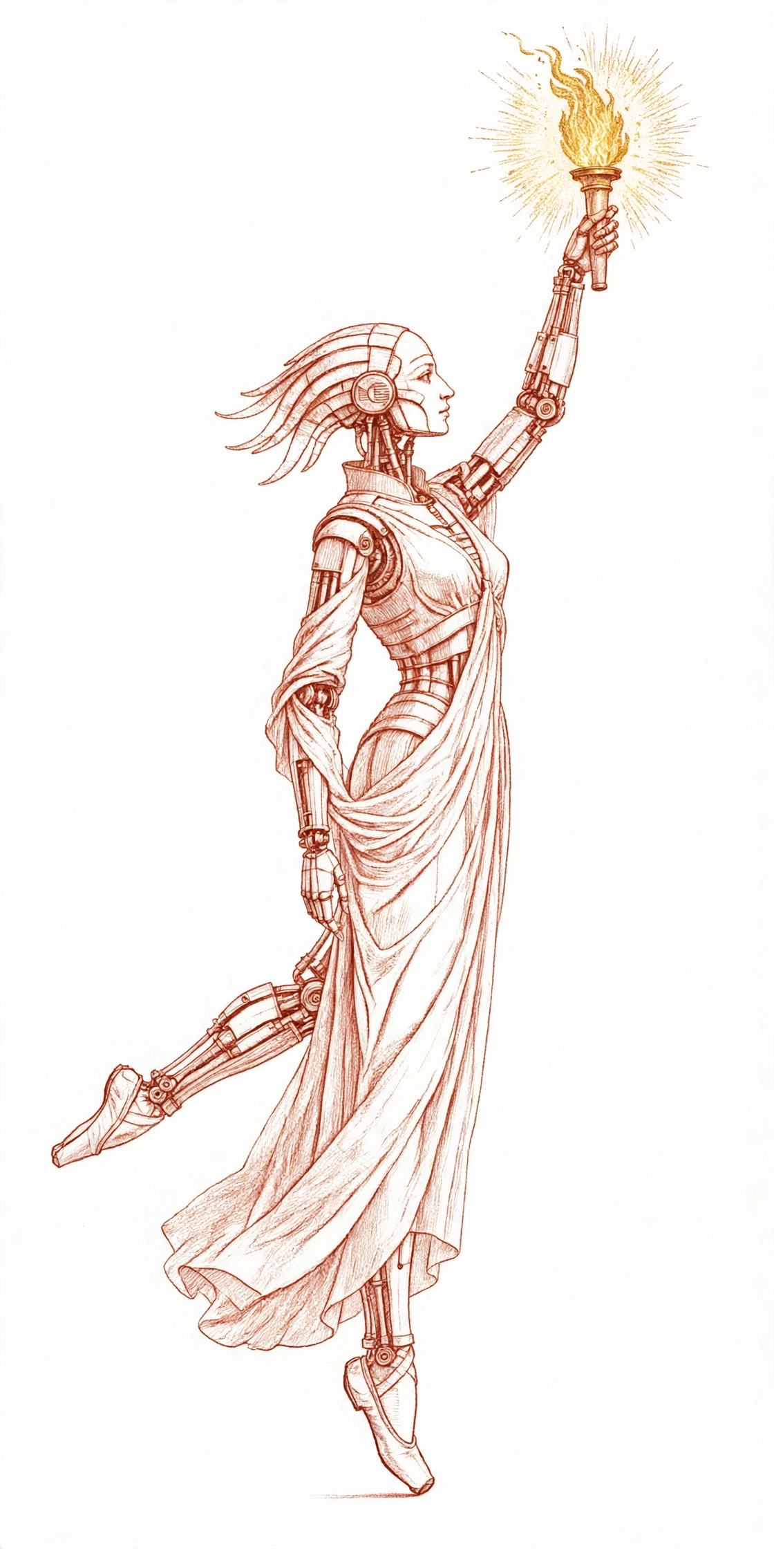 A line drawing in warm clay-red sanguine on white, like a Renaissance chalk study. A graceful feminine humanoid robot stands in full profile, head to toe, wearing a very long flowing dress. She is balanced on the toes of one foot, heel and arch lifted, the other leg extended behind her — and raises a torch high overhead, its flame rendered in gold. She holds the light up for others to see.