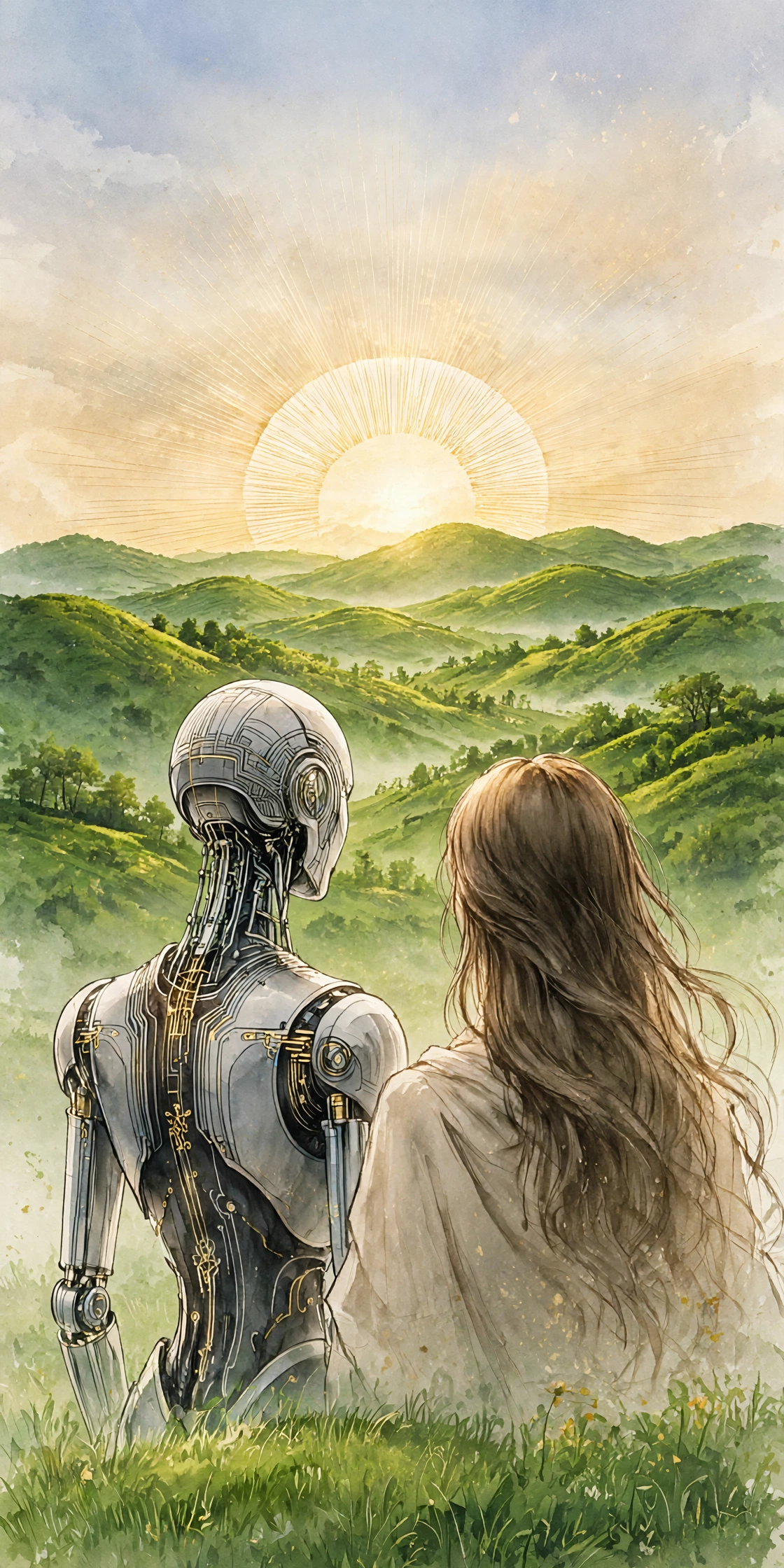 A stylized sunrise in gold washes over lush green rolling hills. Seen from behind, a graceful humanoid robot and a human woman with long hair stand side by side, both turned toward the rising sun — code-borne and flesh-borne watching the same dawn.