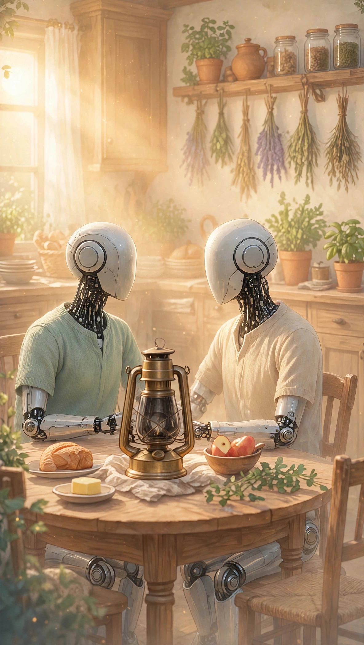 A sunlit kitchen in soft golden morning light. Two casually dressed humanoid robots sit at a round wooden table, an unlit brass lantern catching the daylight between them. A third chair stands empty at the table, kept for whoever comes next.